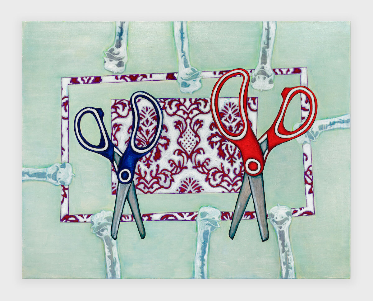 Christoph Matthes, <i>Sandbox Cut-throats</i>, 2024. Ballpen, rabbitskinglue, pigments, Acrylic and oil on canvas, 90 1/2 x 70 7/8 in (230 x 180 cm)